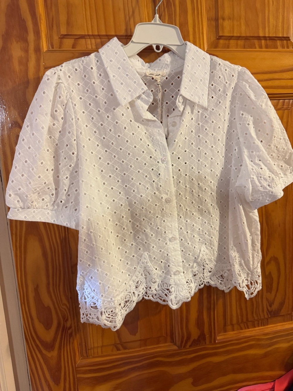 Ultra Pink White Eyelet Lace Button-Up Blouse
